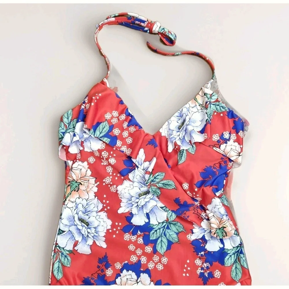 Clean Water Red Floral One Piece Swimsuit S‎ Ruffle Halter Resort Tropical Beach